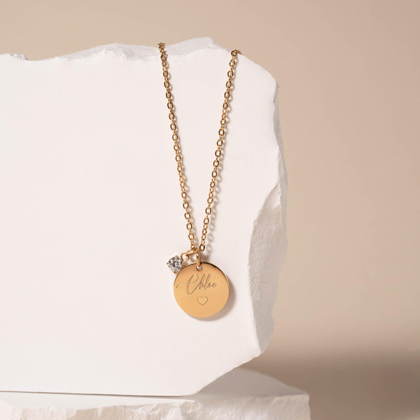 Collana Catena Disco Zircone Personalizzata Con Nome e Cuore - Infants