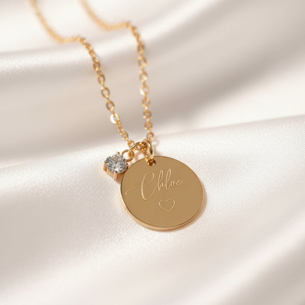 Collana Catena Disco Zircone Personalizzata Con Nome e Cuore - Infants