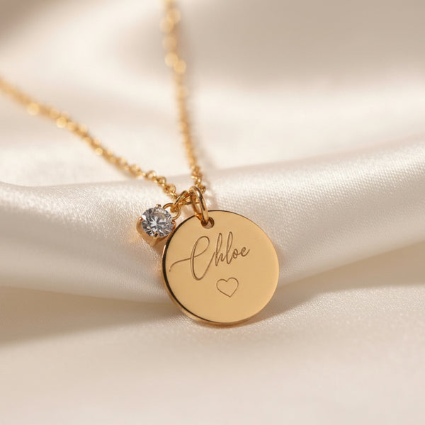 Collana Catena Disco Zircone Personalizzata Con Nome e Cuore - Infants