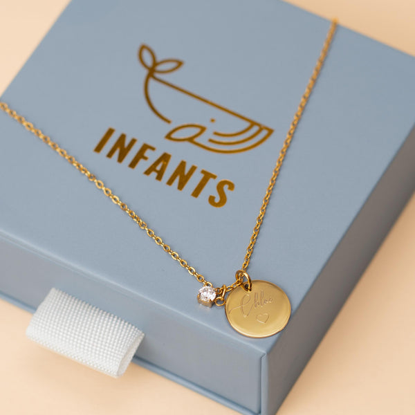 Collana Catena Disco Zircone Personalizzata Con Nome e Cuore - Infants