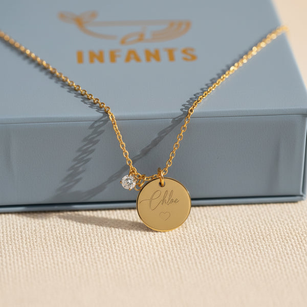 Collana Catena Disco Zircone Personalizzata Con Nome e Cuore - Infants