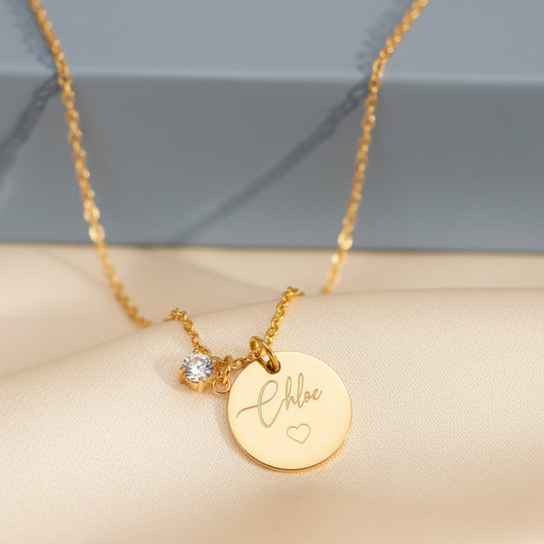 Collana Catena Disco Zircone Personalizzata Con Nome e Cuore - Infants