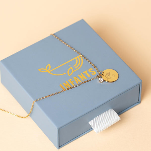 Collana Catena Disco Zircone Personalizzata Con Nome e Cuore - Infants